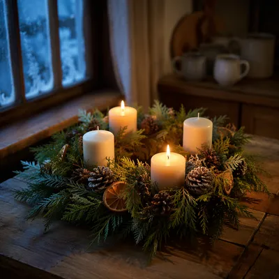 Warm Advent Wreath with Candlelight