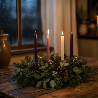 Warm Advent Candle Wreath by Window