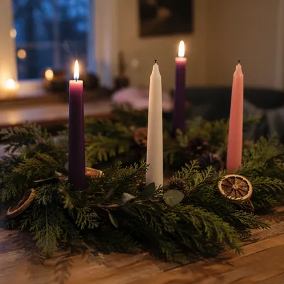 Warm Advent Candle Wreath at Winter Dusk