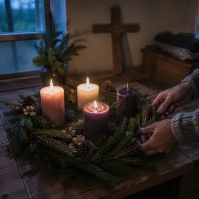 Warm Advent Wreath With Candlelight