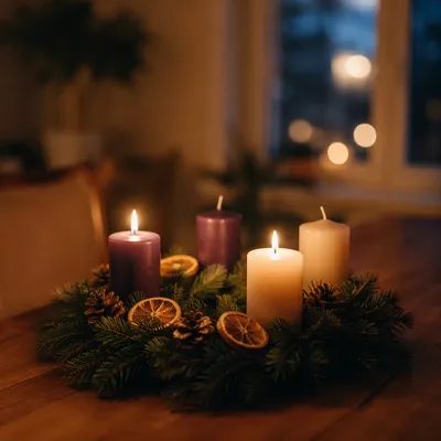 Warm Advent Wreath Candles at Dusk