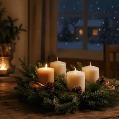 Warm Advent Candle Wreath at Dusk