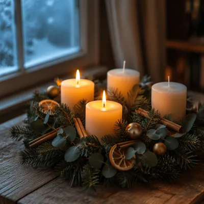 Warm Advent Candle Wreath at Blue Hour