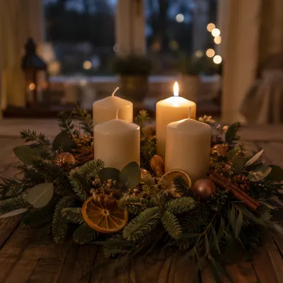 Warm Advent Candle Wreath at Dusk