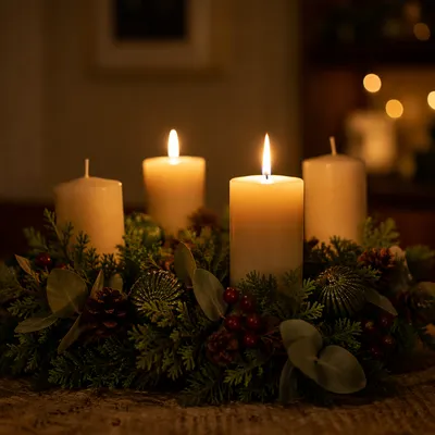 Warm Advent Candle Wreath Close-Up