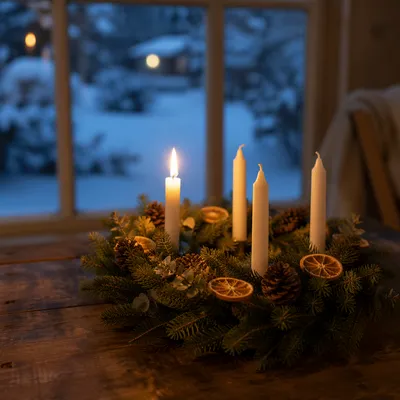 Warm Advent Wreath with Lit Candle