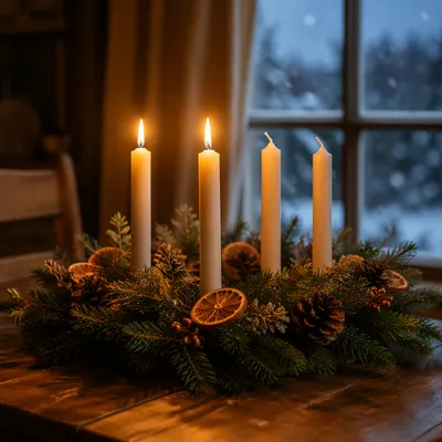 Warm Advent Wreath Candles at Winter Dusk