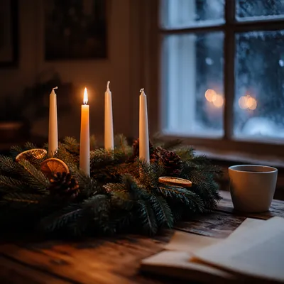 Warm Advent Wreath by Frosted Window