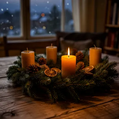 Warm Advent Wreath with Candlelight