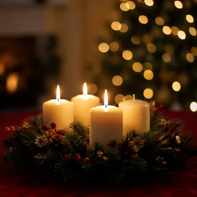 Warm Advent Candle Wreath on Crimson Tablecloth