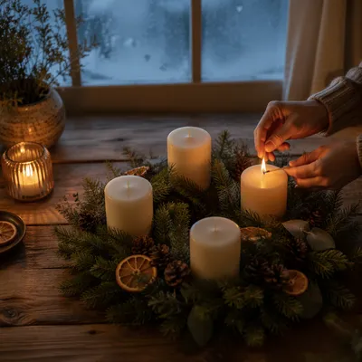 Warm Advent Wreath by Frosted Window