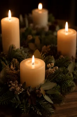 Warm Advent Candle Wreath on Rustic Table