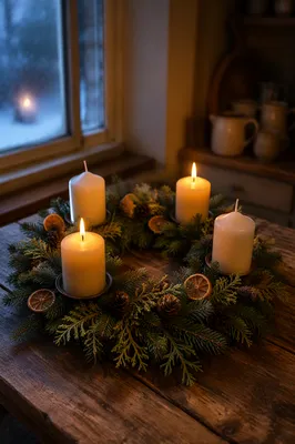 Warm Advent Wreath by Frosted Window