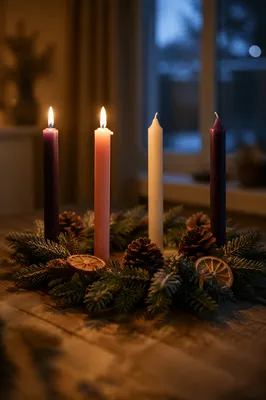 Warm Advent Candle Wreath at Winter Dusk