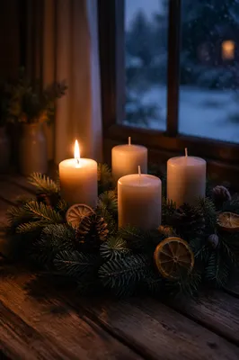 Warm Advent Candle Wreath at Dusk