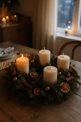 Warm Advent Candle Wreath on Rustic Table