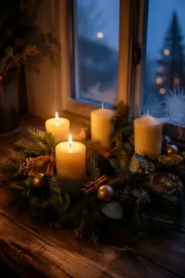 Warm Advent Candle Wreath at Blue Hour