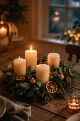 Warm Advent Candles in Evergreen Wreath
