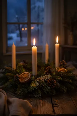 Warm Advent Wreath Candles at Winter Dusk