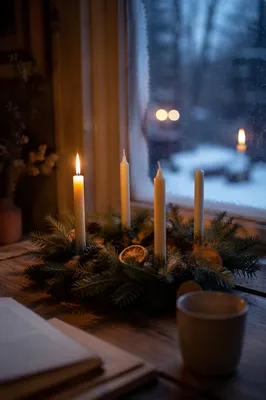 Warm Advent Wreath by Frosted Window