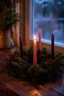 Warm Advent Wreath by Frosted Window