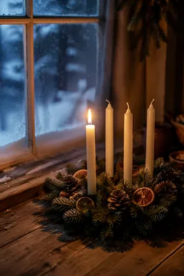 Warm Advent Wreath by Frosted Window