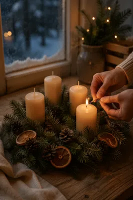 Warm Advent Wreath by Winter Window