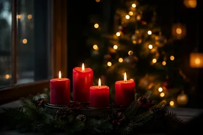 Warm Advent Candles in Evergreen Wreath