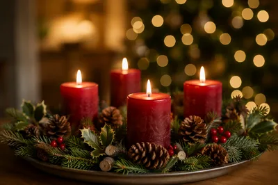 Warm Advent Candle Wreath with Evergreen
