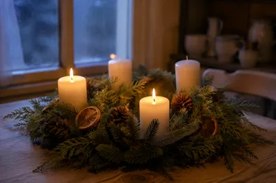 Warm Advent Wreath by Frosted Window