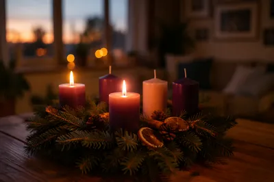Warm Advent Wreath Candles at Dusk