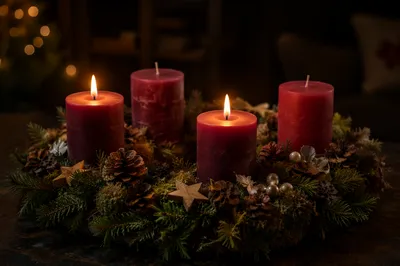 Warm Advent Candles in Evergreen Wreath
