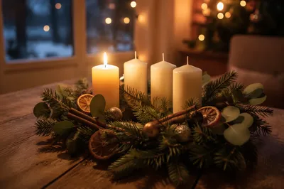 Warm Advent Candle Wreath at Dusk