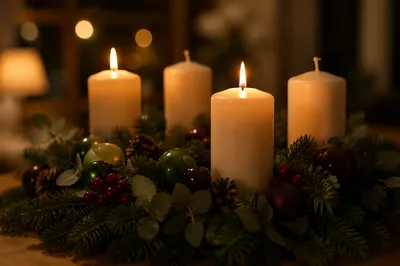 Warm Advent Candle Wreath Close-Up