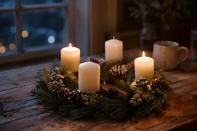 Warm Advent Wreath with Candlelight
