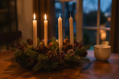 Warm Advent Wreath with Glowing Candles