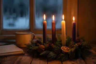 Warm Advent Wreath by Winter Window