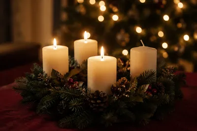 Warm Advent Candle Wreath with Evergreen