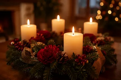 Warm Advent Wreath with Glowing Candles