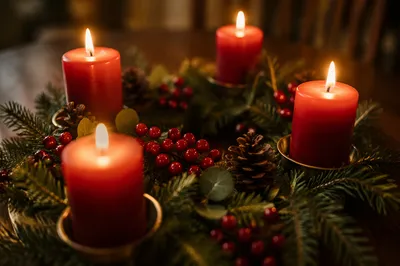 Warm Advent Wreath with Glowing Red Candles