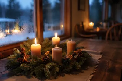 Warm Advent Wreath by Frosted Window