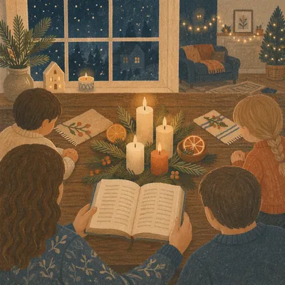 Family Reading by Candlelit Winter Table