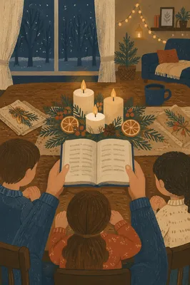 Family Reading by Candlelit Winter Table