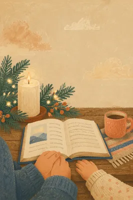 Open Book by Candlelit Evergreen Table