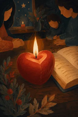 Heart-Shaped Candle Beside Open Book
