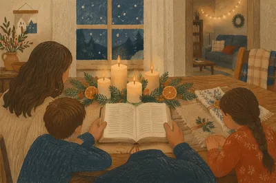 Family Reading by Candlelit Winter Table