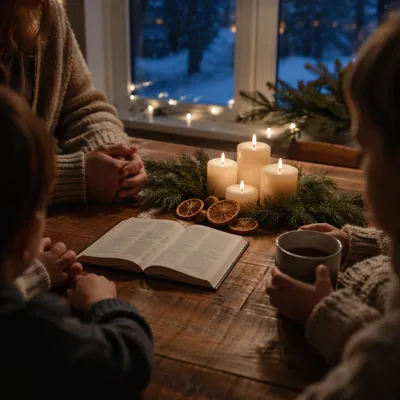 Family Hands Around Candlelit Winter Table