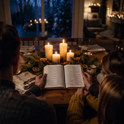 Family Reading by Candlelit Winter Table