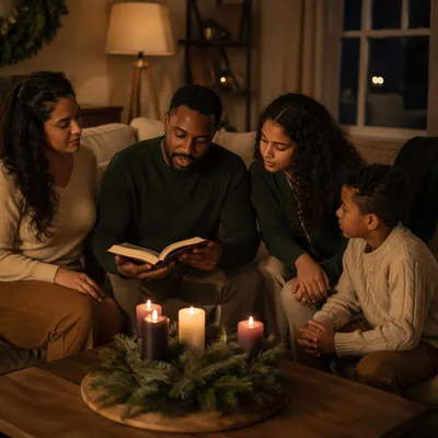 Family Reading by Candlelit Winter Window