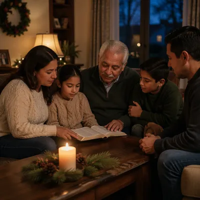 Family Reading by Candlelight at Home